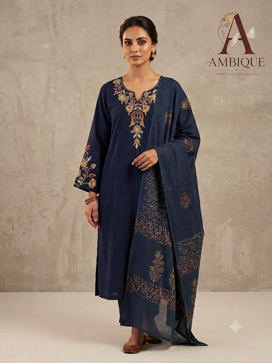 Navy Blue Floral Embroidered 3-Piece Kurti Set