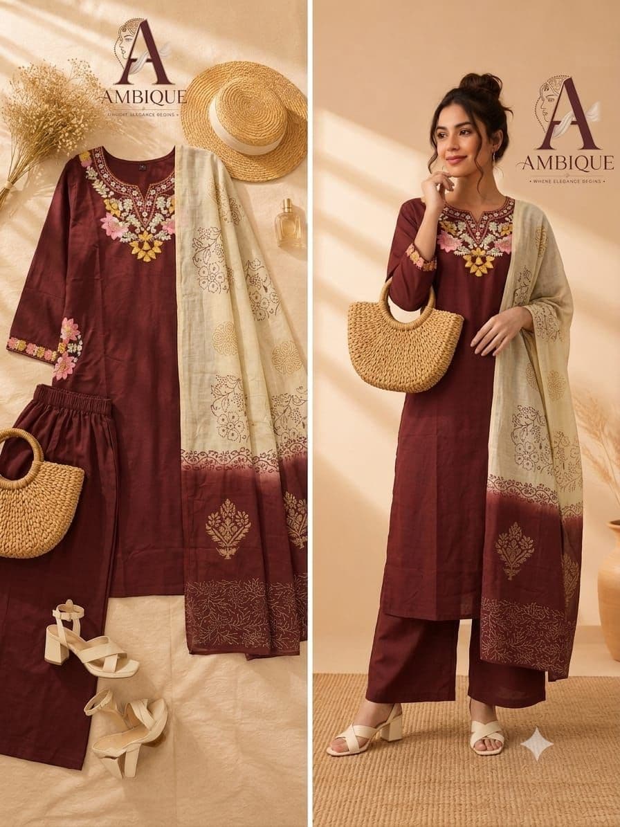 Maroon Floral Embroidered 3-Piece Kurti Set