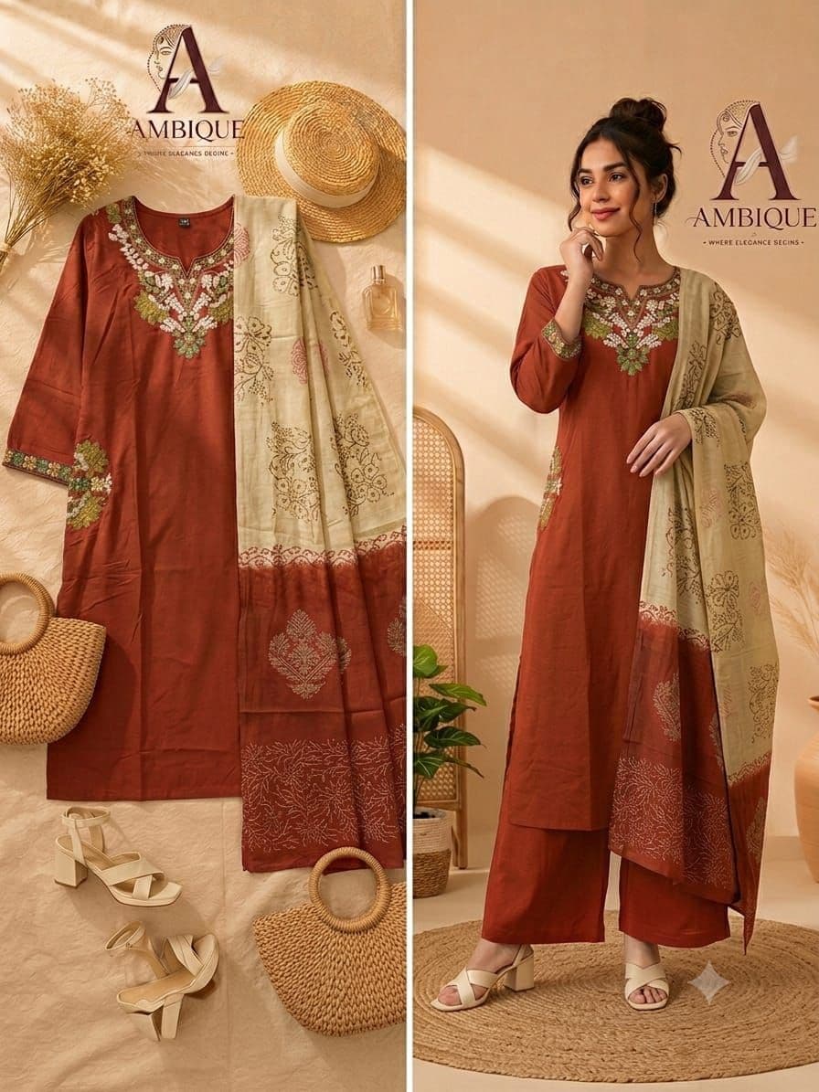 Rust Embroidered 3-piece kurti set
