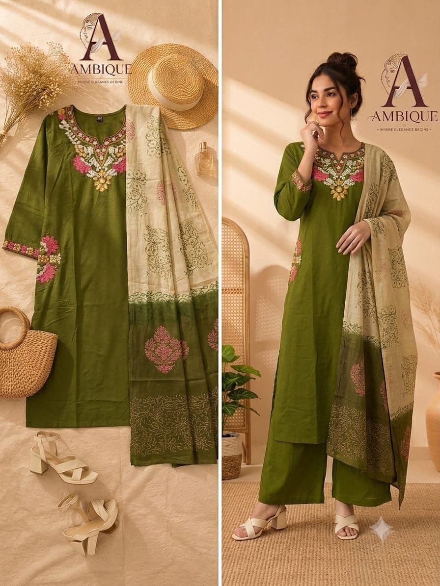 Olive Green Floral Embroidered 3-Piece Kurti Set